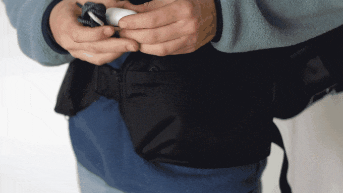 2L Sling Belt (42L Backpack Waist Belt/Sling Bag) - Gravel - Gif of how to use sling bag attached to a caddy on the back of tray table.