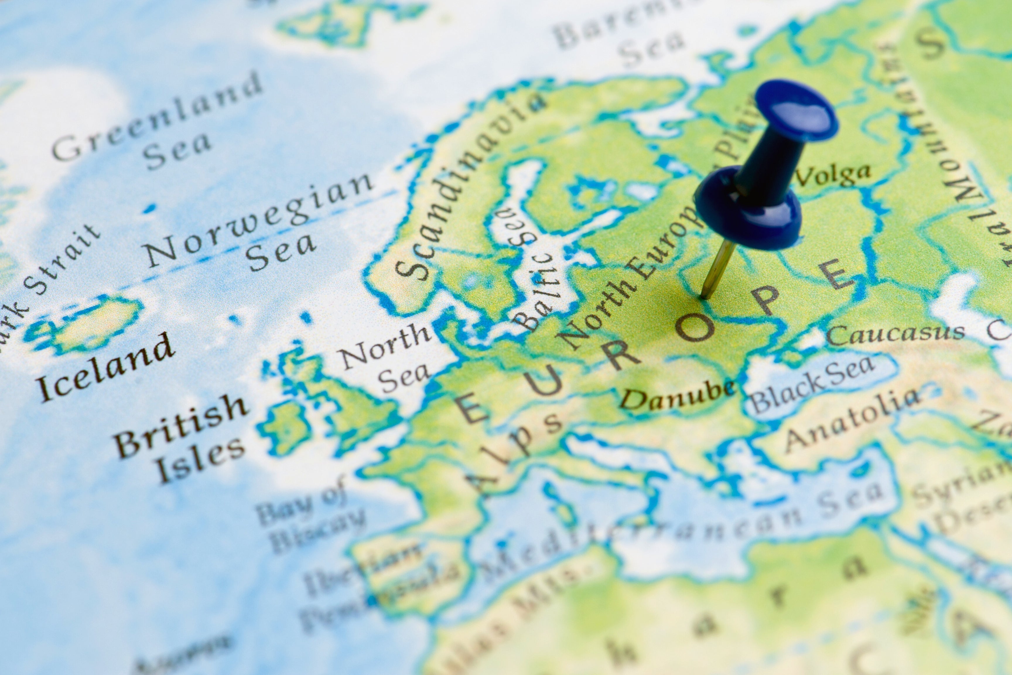 blue pin on map of europe