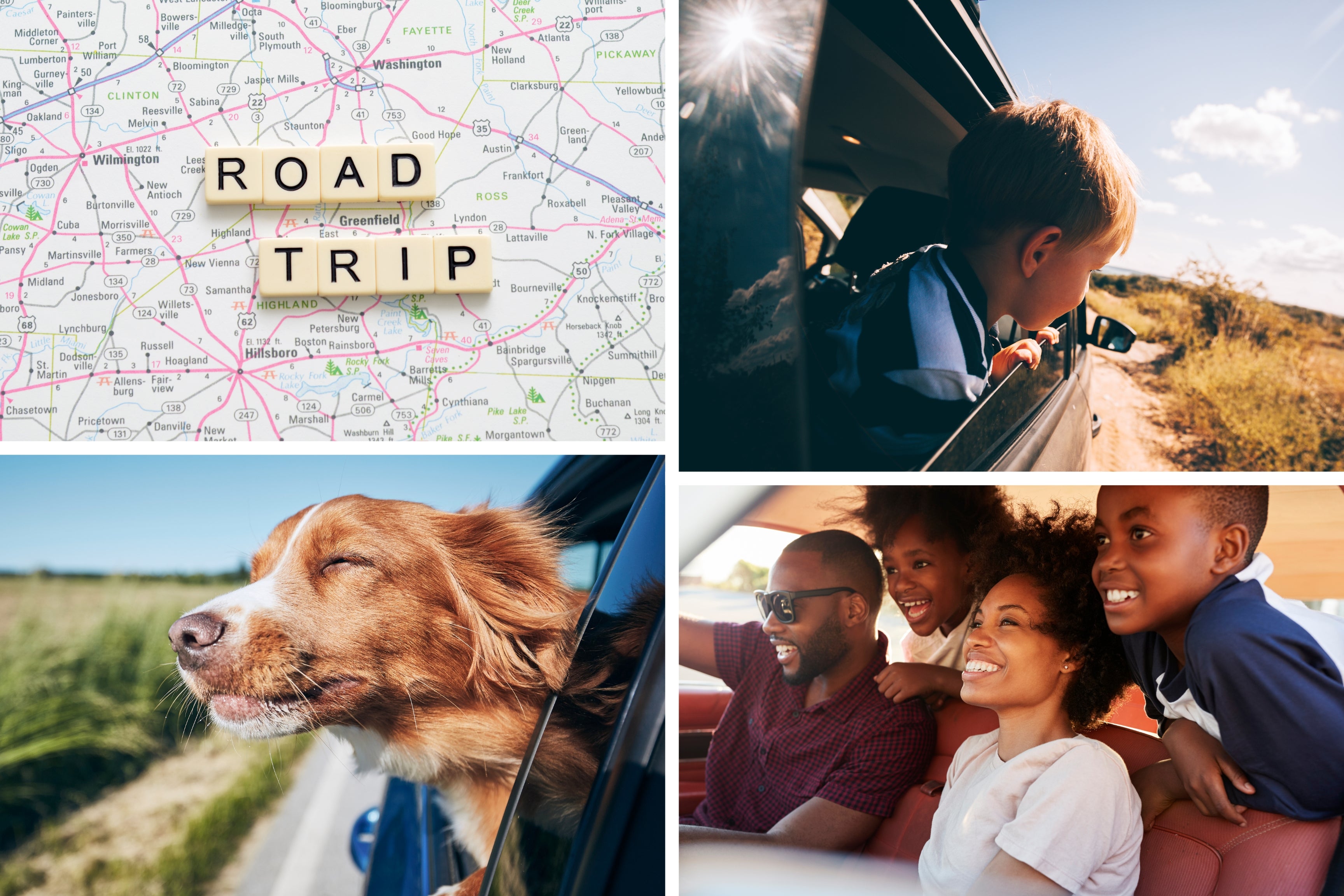 road trip trivia collage family and dog in car