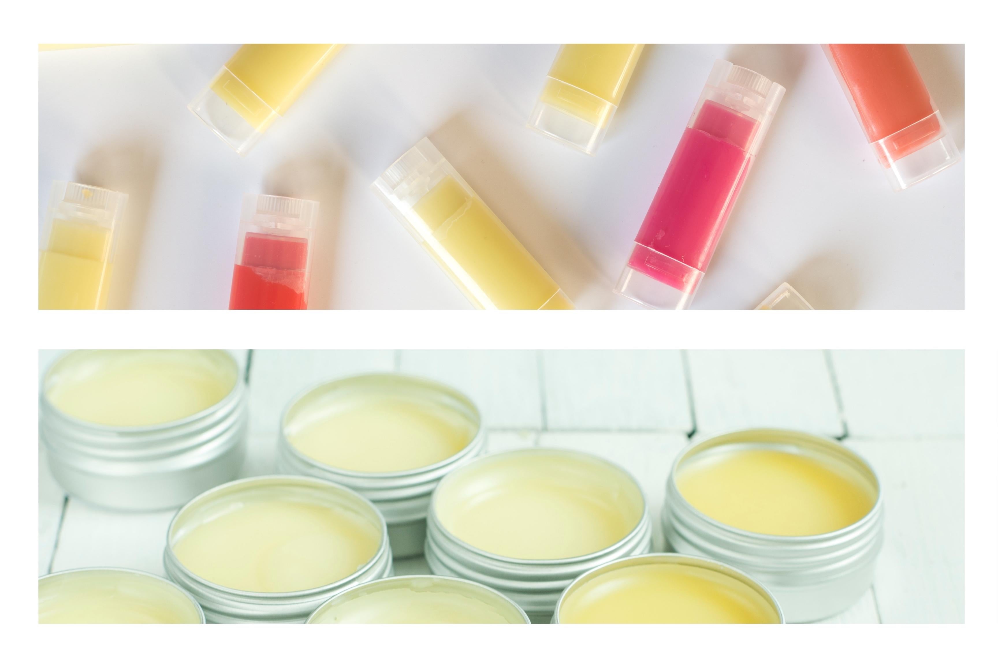 travel toiletries pink and yellow balms