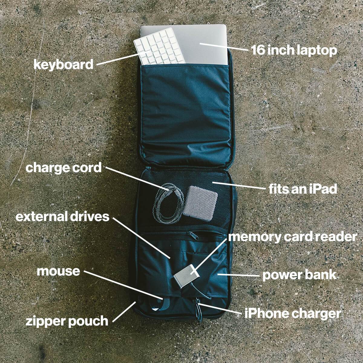 11L Day Bag - Gravel - 11 Liter Backpack Open with laptop and cords inside